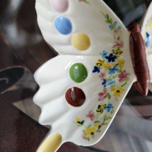 🦋 1970s Butterfly Floral Trinket Dish Tray Mid Century Decor Handpainted Retro - Picture 4 of 6